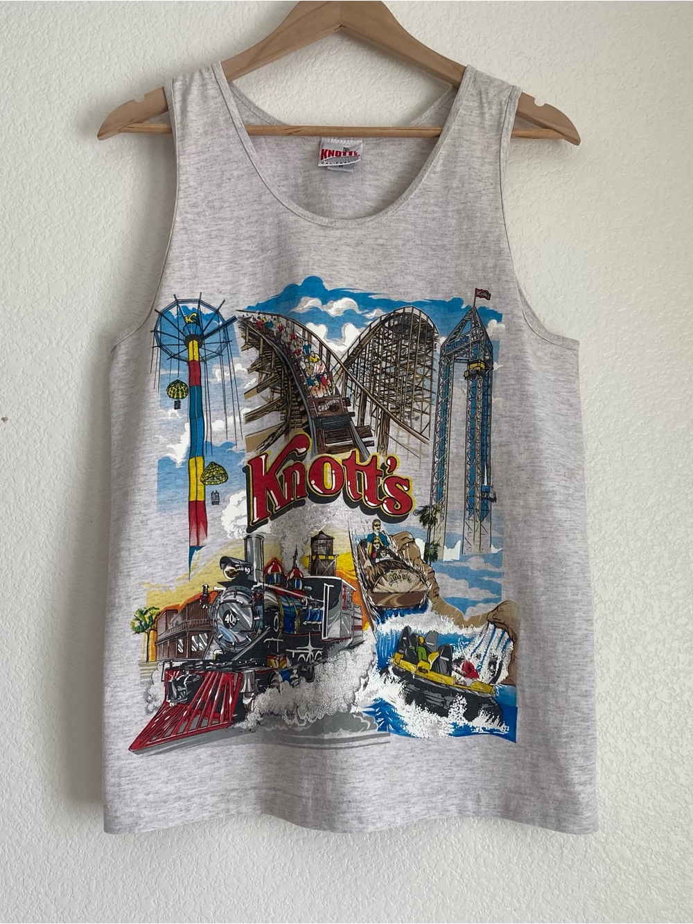 Vintage Knott's puff print adventure rides tank top, heather grey, M